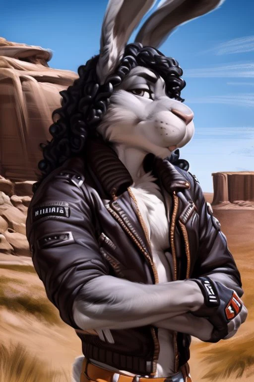 (by Meesh:1), (by darkgem:0.8), (by chunie:1), masterpiece, looking at viewer, detailed fur, male, anthro, ((photorealistic)) <slora:add_detail:0.4> (Spike), (Rabbit), (Grey Fur), (leather jacket), (fingerless gloves), (black hair, long hair), (jheri curls)