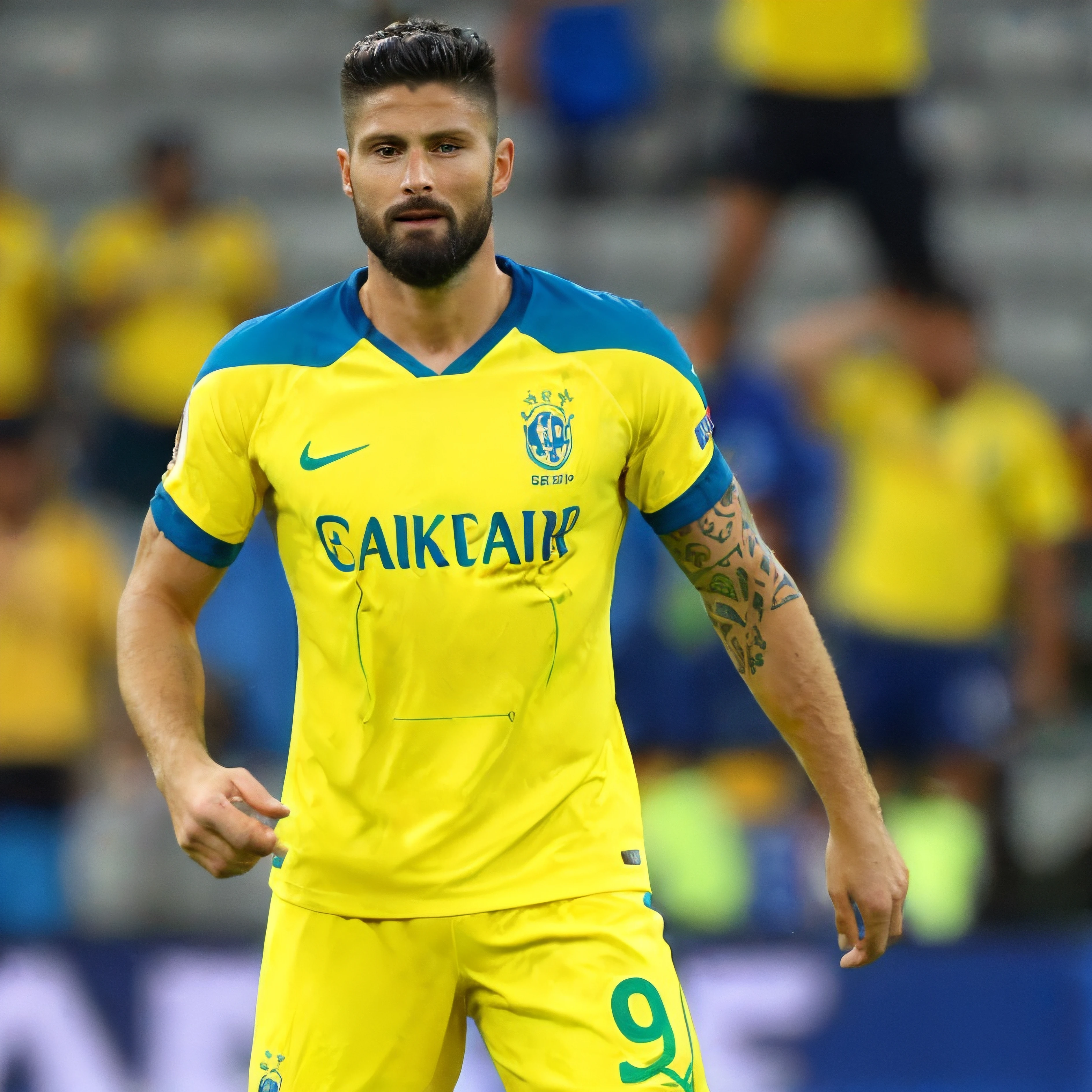 <lora:Olivier Giroud:0.75>, face (Olivier Giroud:1.1), 1male, face, realistic, ultra quality, highly detailed, ultra HD, soccer player clothes, brazil, yellow shirt, blue shorts