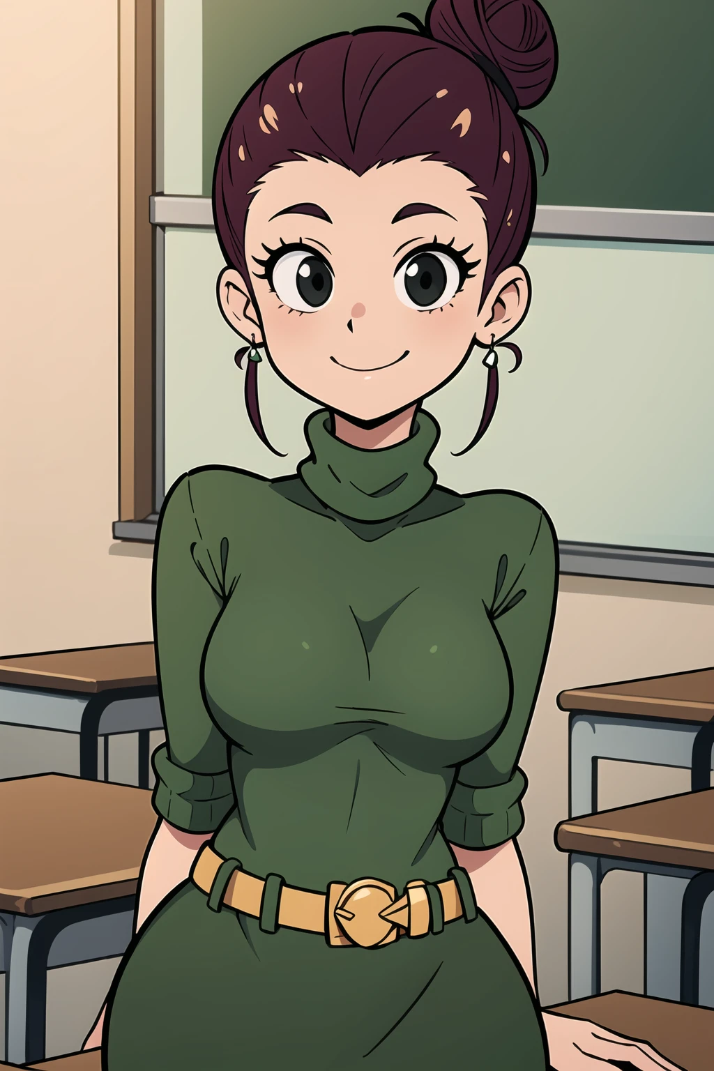 <lora:AgnesJohnson(2.0):0.6> agnesj, 1girl, turtleneck, pencil in hair, solo, hair bun, single hair bun, green sweater, belt, smile, green skirt,black eyes,upper body,looking at viewer,  classroom,
