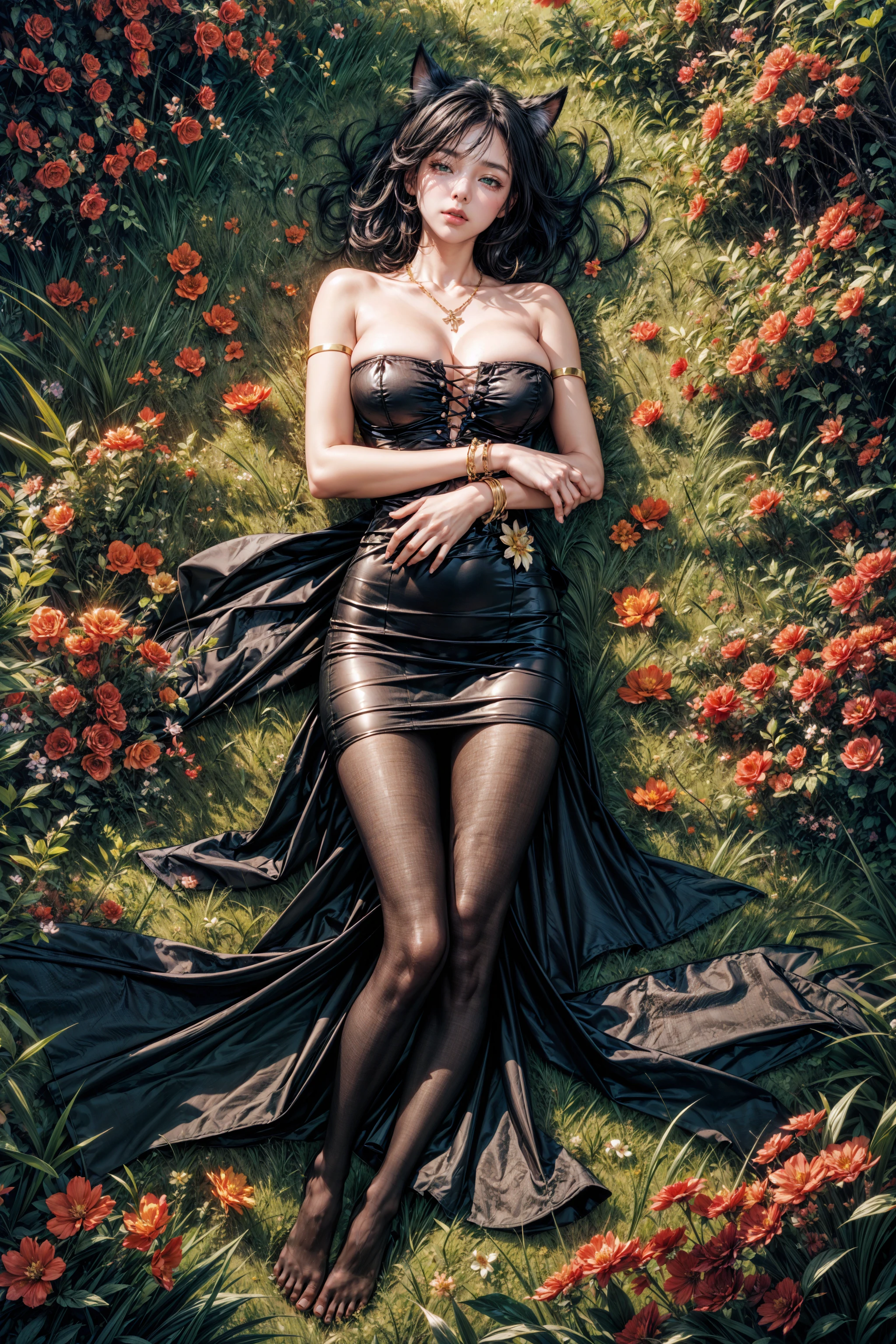 alancea, woman, short hair, (black hair), cat ears, strapless, (black long dress:1.2), sleeveless, gold bracelets, gold necklace, bare shoulder, thin gold waist chain, (no shoes), (black pantyhose), Ultra-realistic 8k CG,masterpiece,best quality,(photorealistic:1.3), full body, sexy, (lying down on flowers and grass:1.2), (top view:1.5), (flower field:1), detailed background, red_flowers, 1girl, solo
<lora:add_detail:1> <lora:hairdetailer:0.5> <lora:GoodHands-vanilla:1><lora:lostark_alancea:0.6>