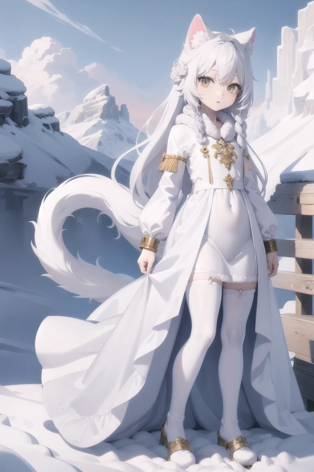 masterpiece, best quality, highres, highly detailed, <lora:arctic cat girl-000009:0.8> arctic cat girl, yellow eyes, white hair, very long hair , white_dress,