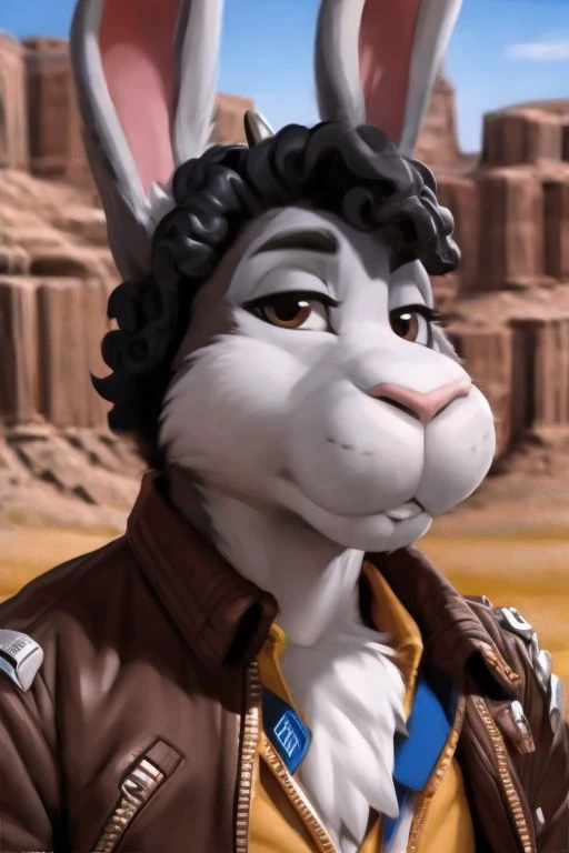 (by Meesh:1), (by darkgem:0.8), (by chunie:1), masterpiece, looking at viewer, detailed fur, male, anthro, <slora:add_detail:0.4> (Spike, Rabbit, Grey Fur, leather jacket, fingerless gloves, black hair, jheri curls)