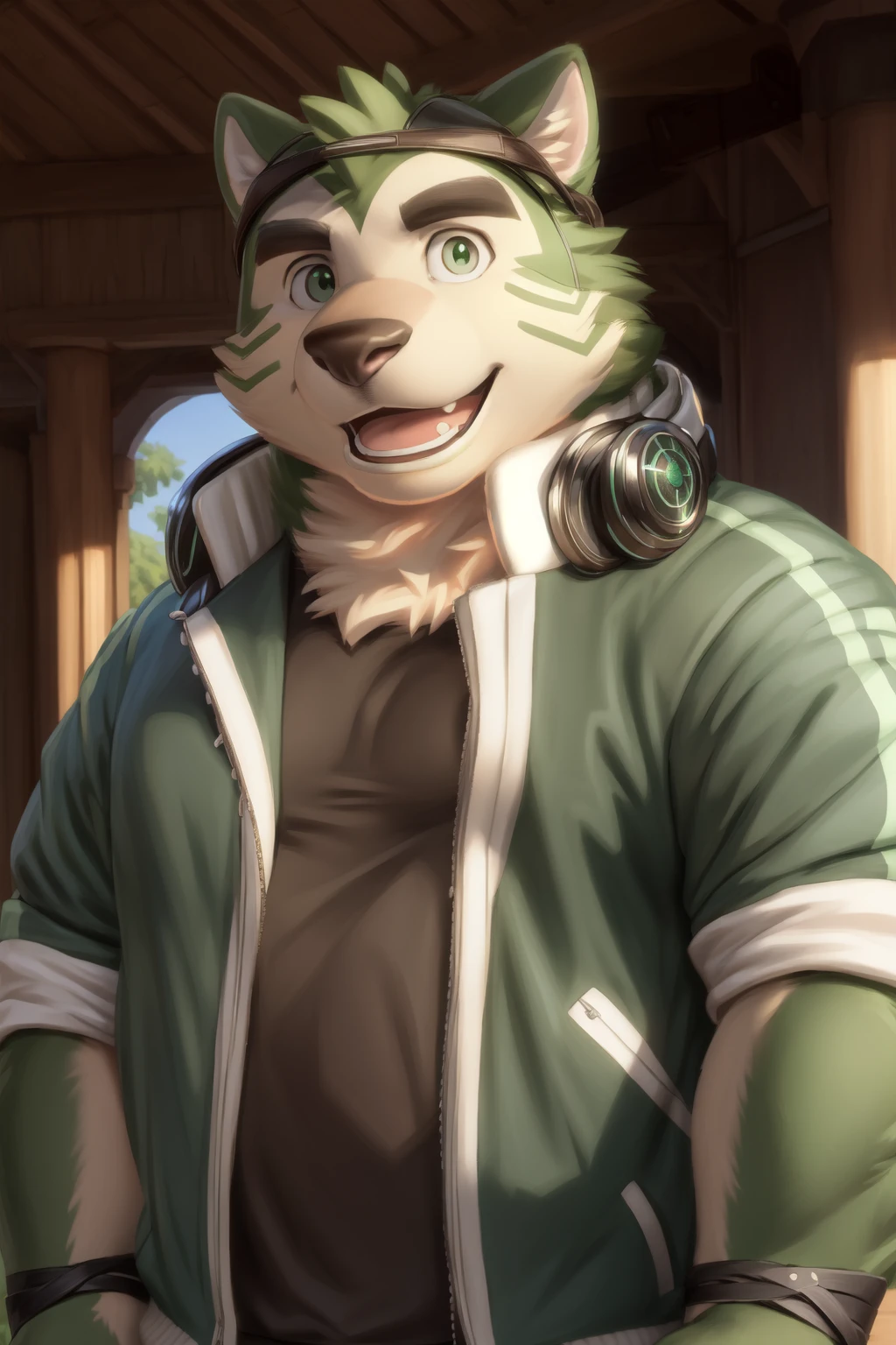 <lora:mokdai-09:1>, mokdai, green eyes, smile, tail, (posing:1.3), (soft shading), 4k, hi res, ((detailed face, detailed)), by zackarry911, by zaush, (by personalami:0.5), looking at viewer, open mouth, shirt, 1boy, jacket, upper body, male focus, headphones, fangs, headphones around neck, animal nose, yellow fur