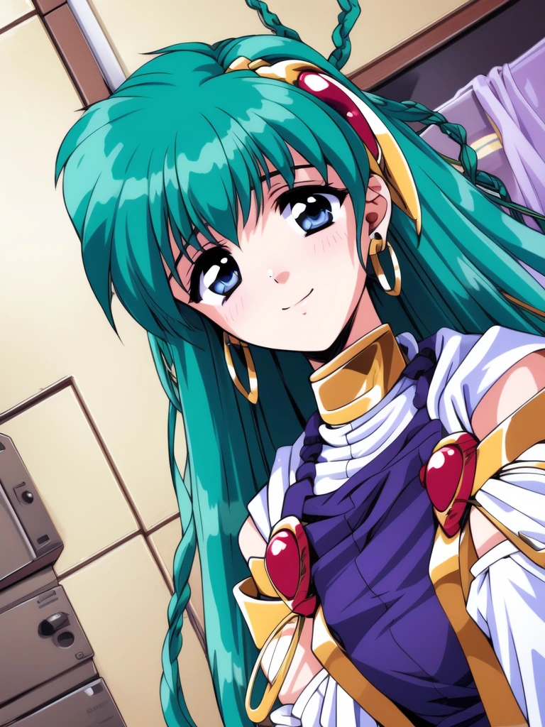 <lora:swatty:1>, swatty, 1girl, solo, green hair, jewelry, long hair, bridal gauntlets, braid, hair rings, purple eyes, tiles, dutch angle, smile, looking at viewer, earrings, upper body, hair ornament, bangs, own hands together, blue eyes, tile floor, blush, ribbon, closed mouth,
masterpiece, high quality, very_high_resolution, large_filesize, full color,