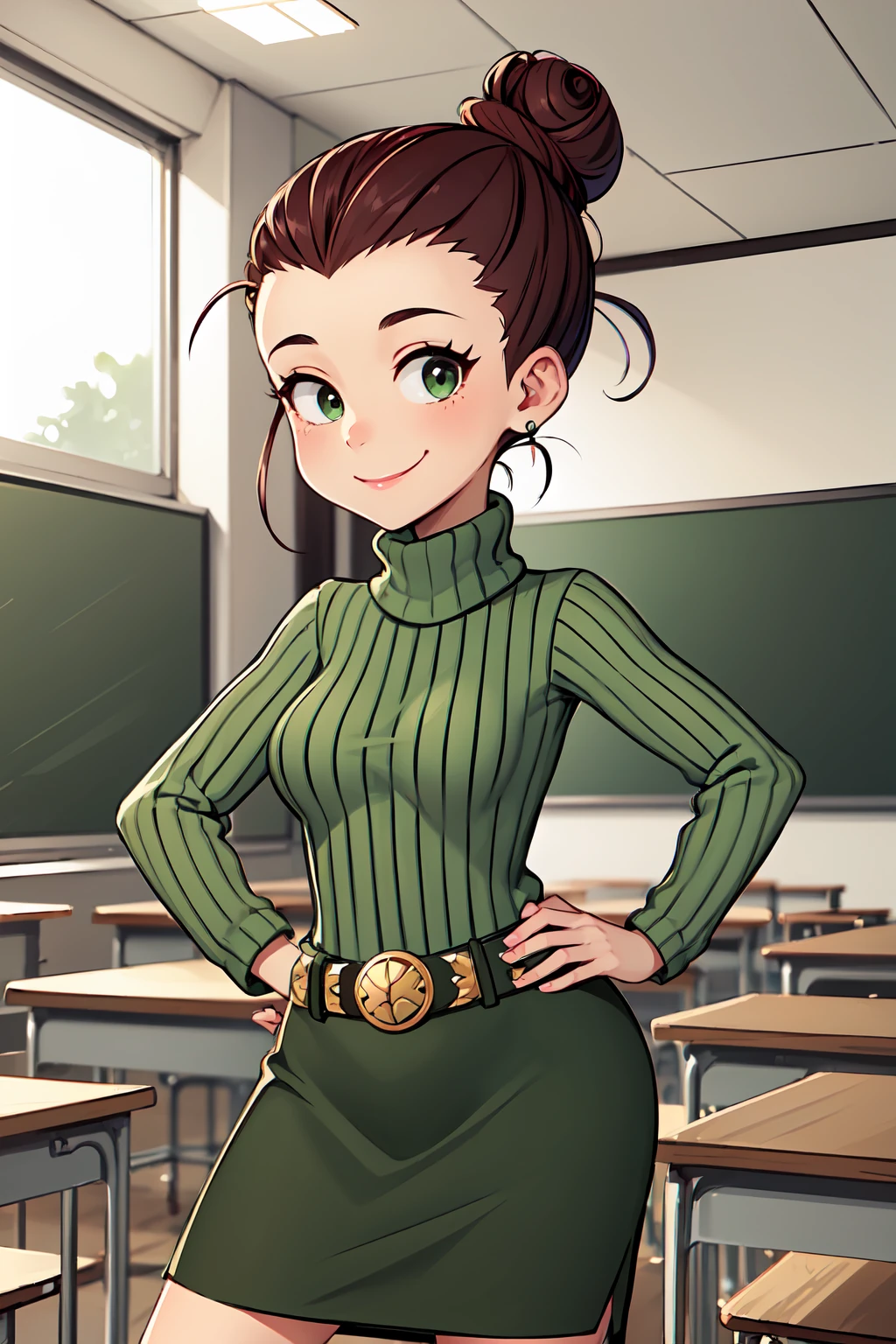 <lora:AgnesJohnson(2.0):0.6> agnesj, 1girl, turtleneck, pencil in hair, solo, hair bun, single hair bun, green sweater, belt, smile, green skirt,black eyes, brown footwear,looking at viewer, hand on hip, classroom,
