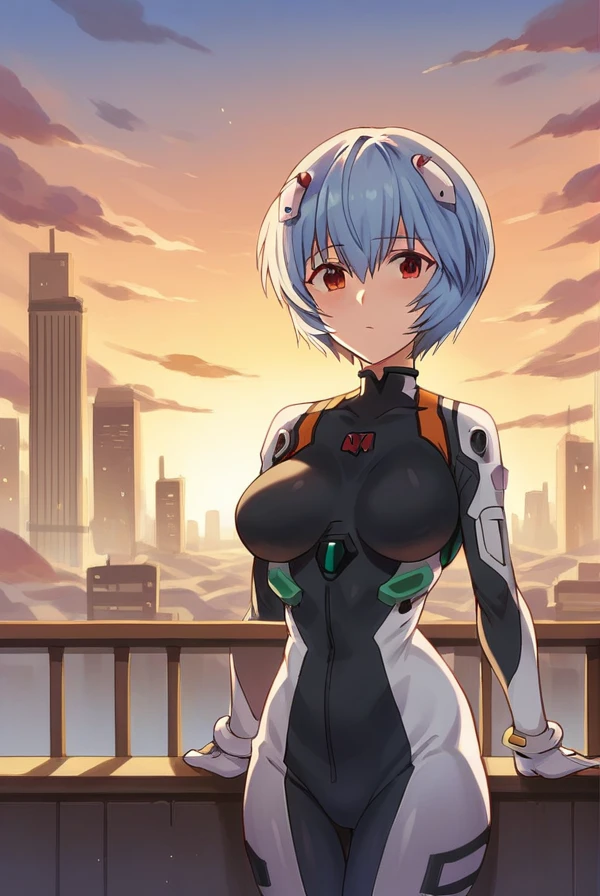 score_9, score_8_up, score_7_up, score_6_up, score_5_up, score_4_up,
BREAK source_anime, 
reiayanami, <lora:rei_ayanami_rebuild-sdxl-lora-nochekaiser:1>,
rei ayanami, blue hair, short hair, red eyes, mature female,
bodysuit, headgear, plugsuit, black bodysuit,
outdoors, cityscape, sun, sky, clouds,
looking at viewer, cowboy shot,