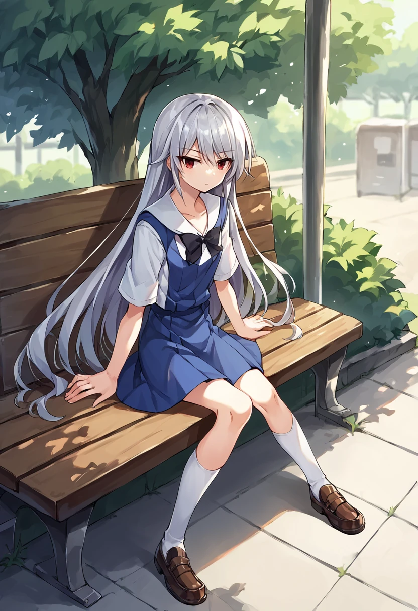 score_9, score_8_up, score_7_up, score_6_up, score_5_up, score_4_up, source_anime, kazami kazuki, silver hair, long hair, red eyes, school uniform, black bow, white kneehighs, sitting on bench, outdoors, 1girl, solo, brown boots <lora:KazukiPonyXL-000022:1>