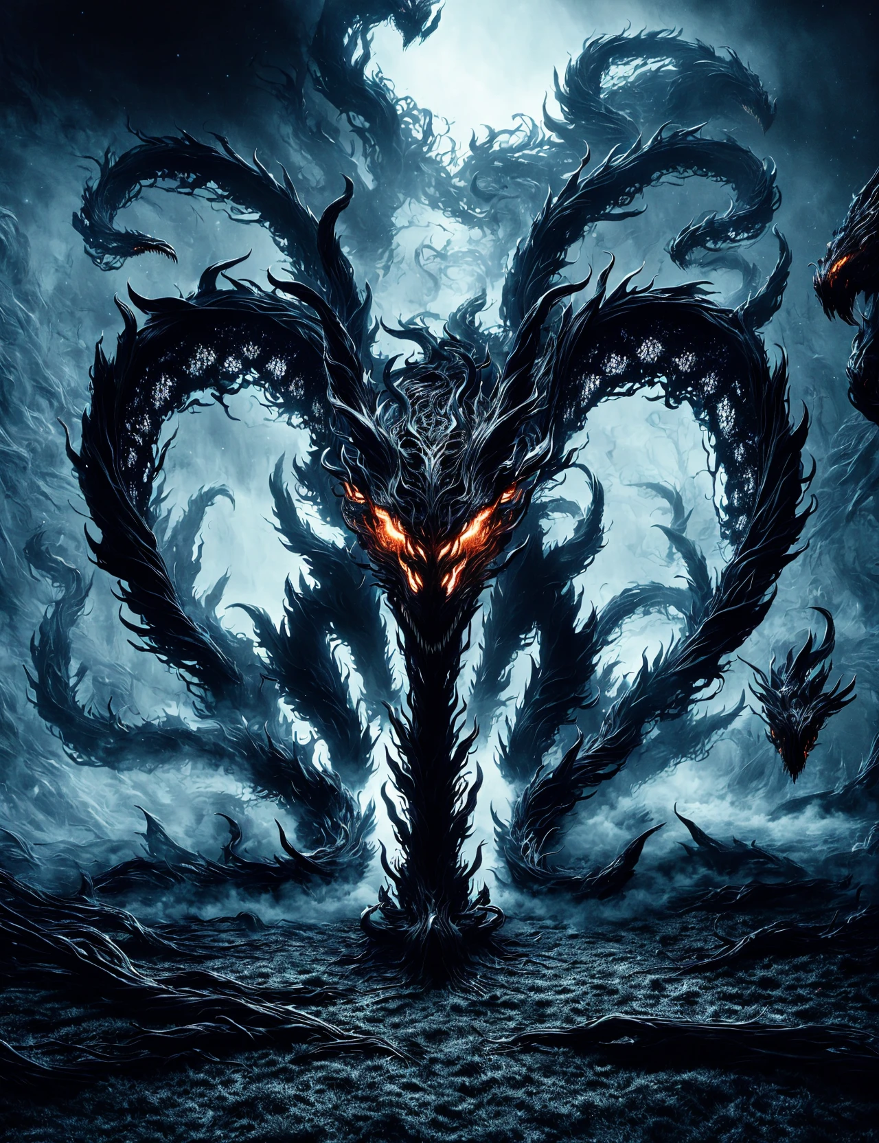 masterpiece, awesome quality, hyper detailed, DonMN1gh7d3m0n night demon unearthly shadowy necrotic japanese multi-limbed Wyvern,   ethereal
 ,  <lora:DonMN1gh7d3m0n-000006:1>