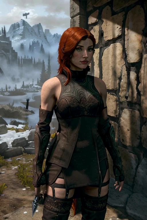 woman posing with a sword, <lora:4mal3a:1> woman with the same face as 4mal3a, blue eyes,(freckles:1.2), long red hair, <lora:Skyrim-DX-Celes-Nightingale-Outfit v2:0.7> skyrim-dx-celes-nightingale-outfit,fingerless gloves, bare shoulders, thighhighs, thigh boots, sword, sheath ,  <lora:80s Movie Poster Style v1.5:0.8> 80smovieposters