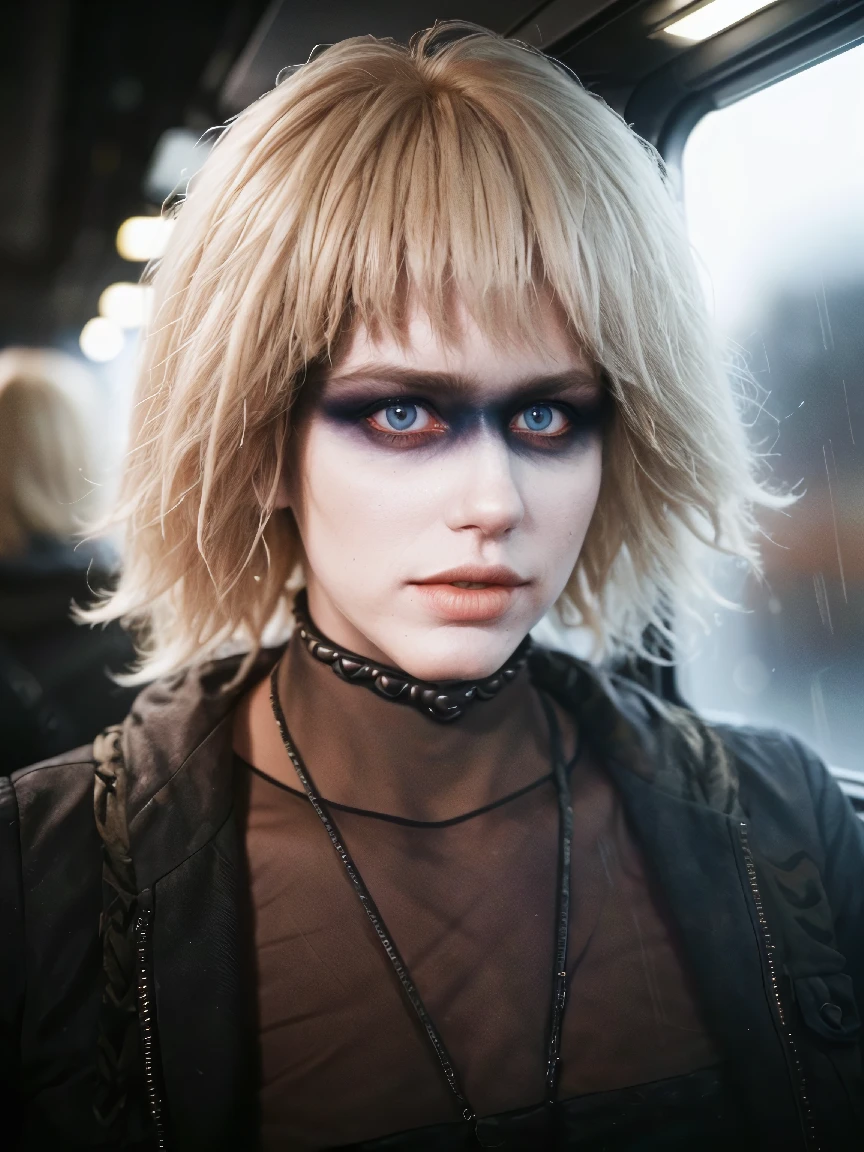 pr1s,blonde hair,eye make-up,sitting on a train,cyberpunk setting,sci-fi,raining,cloudy,volumetric fog, (masterpiece:1.0), (best quality:1.0), (intricate details), flash photography