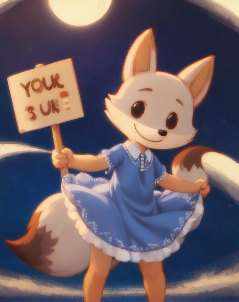 dress , smile ,Holding a sign, 1 fox , ffx tail <lora:facefox-000004:0.8> ,