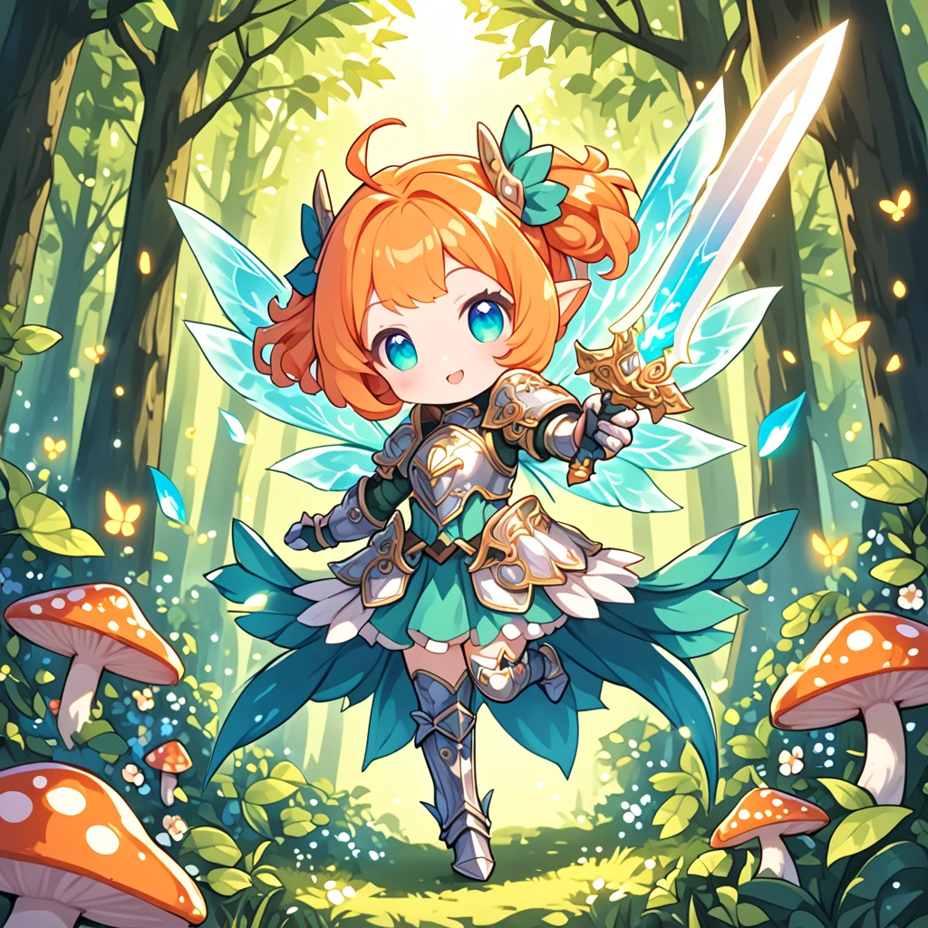 a super cute female  chibi knight fairy, beautiful fairy wings, colorful, wearing armor, wielding a glowing sword, magical forest in background, mushrooms, HD, masterpiece, best quality, hyper detailed, ultra detailed, super realistic