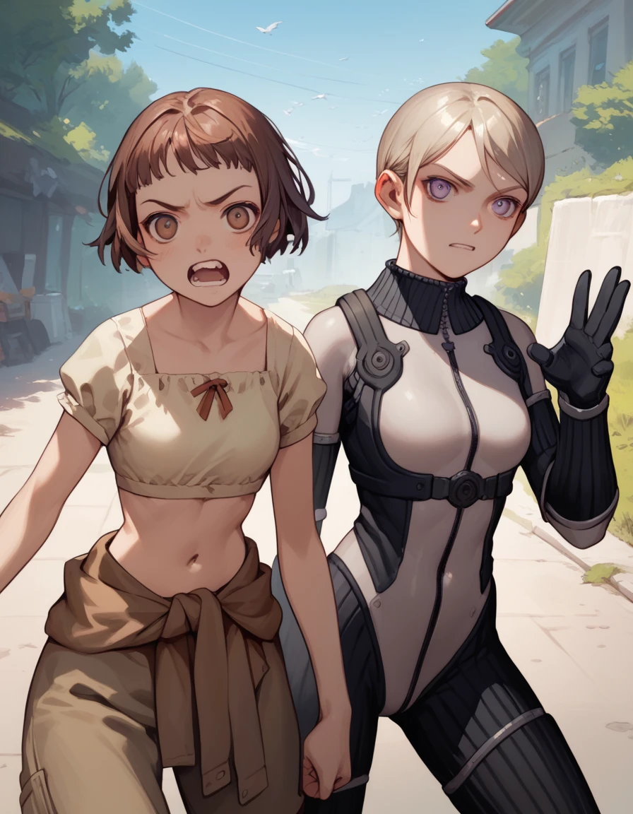 score_9, score_8_up, score_7_up, score_6_up, score_5_up, score_4_up, source_anime
<lora:last-exile-v2-ponyxl-000014:0.6>
2girls, arguing, outdoors
BREAK
lavie, crop top, brown clothes around waist
BREAK
tatiana, grey bodysuit