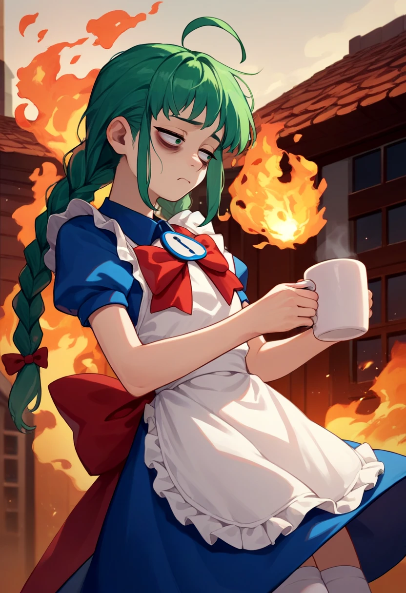 score_9, score_8_up, score_7_up, source_anime, surrounded by fire, building burning down, 1girl, me-tan, tired, looking away, holding coffee mug, ahoge, twin braids, bags under eyes, blue dress, red bow, white apron, puffy short sleeves, white thighhighs <lora:os-tan_me-tan_xl_ponyXL:1>