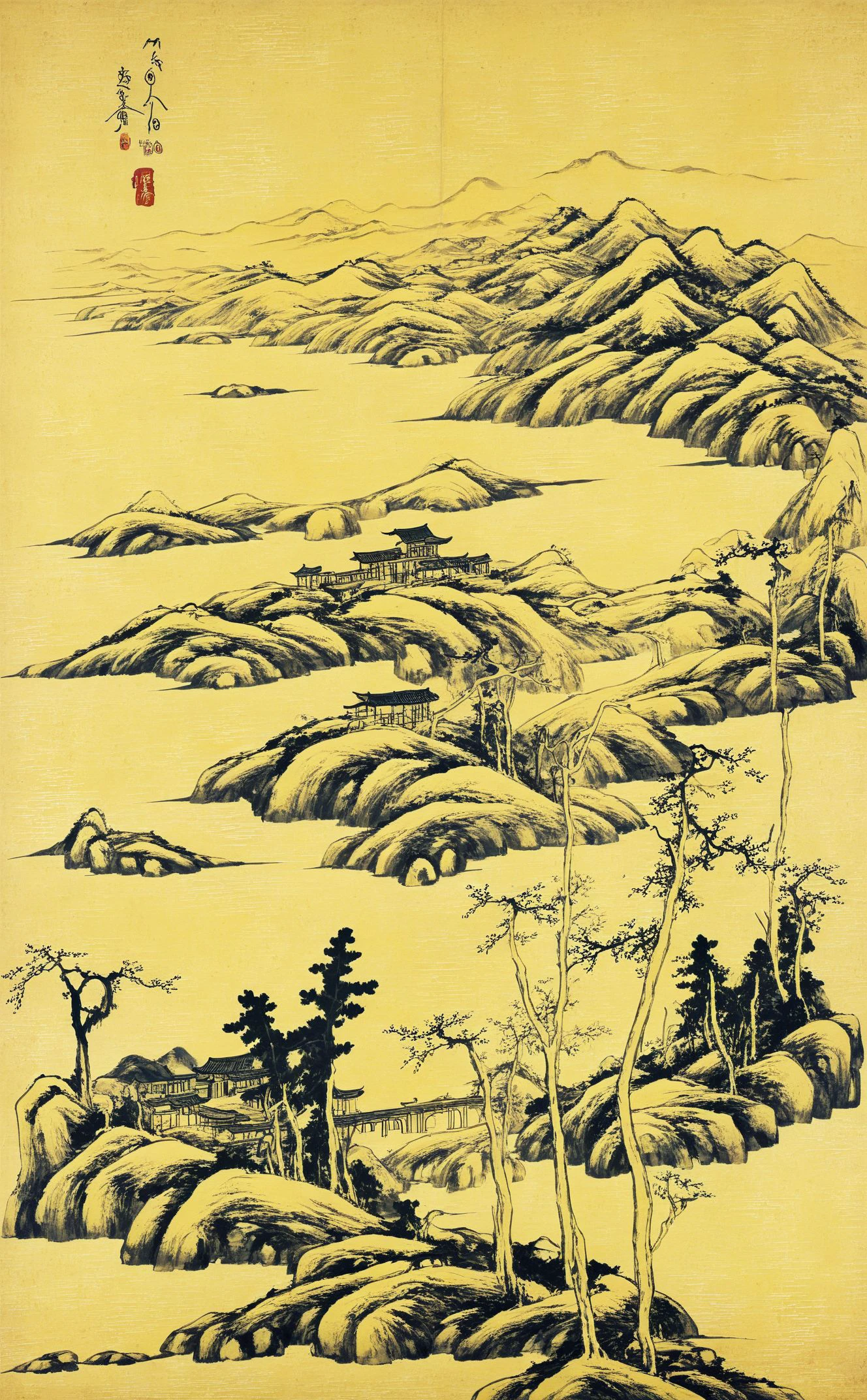 <lora:QkY'\qNu;-000009:0.8>,chinese Landscape painting,highres,paper yellowing,
