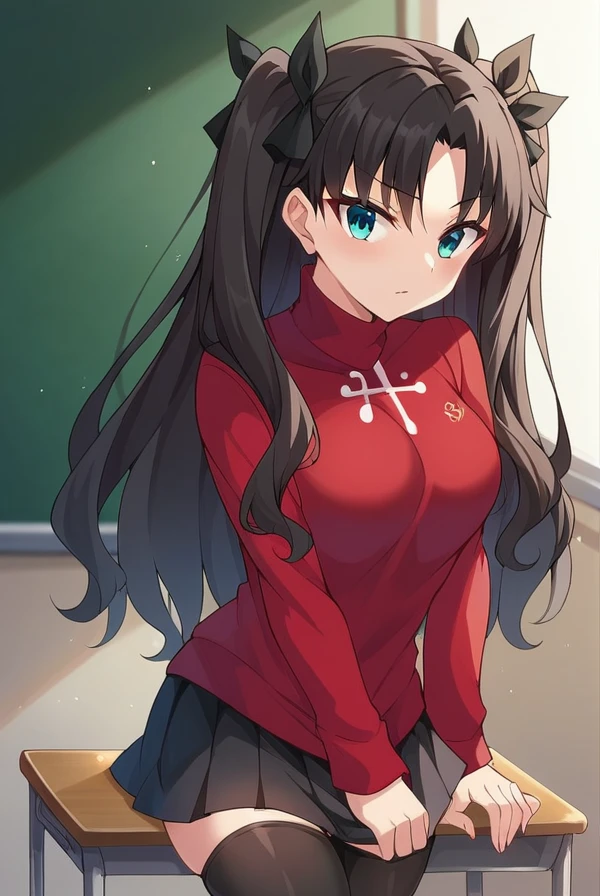 score_9, score_8_up, score_7_up, score_6_up, score_5_up, score_4_up,
BREAK source_anime, 
rintohsaka, <lora:rin_tohsaka_ubw-sdxl-lora-nochekaiser:1>,
rin tohsaka, aqua eyes, black hair, hair ribbon, long hair, ribbon, sidelocks, two side up, parted bangs
black skirt, black thighhighs, long sleeves, miniskirt, pleated skirt, red sweater, skirt, sweater, thighhighs, turtleneck,
indoors, classroom,
looking at viewer, cowboy shot,