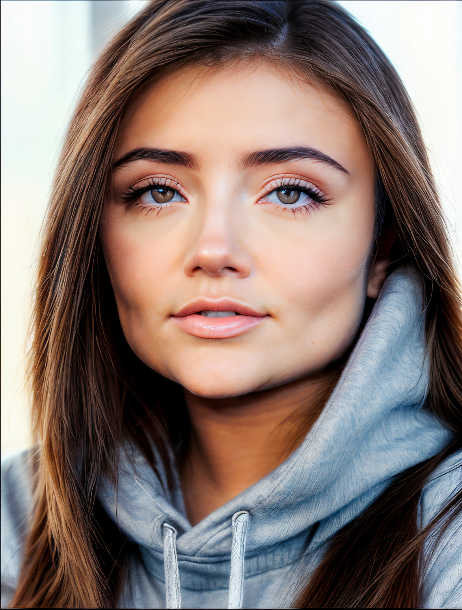 photo of beautiful (block_adrae), a woman, perfect long hair, (closeup portrait), (crewneck sweatshirt:1.1), 85mm, (analog, cinematic, film grain), (luxurious modern apartment), ((detailed eyes)), (color picture:1.1), (looking at viewer), <lora:add_detail:1>