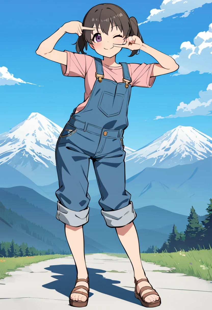 1girl, kuraue hinata, solo, 1girl, overalls, sandals, twintails, one eye closed, finger frame, pink shirt, cloud, standing, black hair, full body, smile, short sleeves, blush, looking at viewer, day, blue sky, closed mouth, short twintails, short hair, t-shirt, outdoors, purple eyes, arm up, pants rolled up, cloudy sky, blue overalls, eyebrows visible through hair, overall shorts, brown footwear, mountain, medium hair, v over eye, hands up, legs apart, suspenders, denim, black eyes, masterpiece, best quality <lora:kuraue_hinata_sdxl_locon_ani_v1:0.7>
