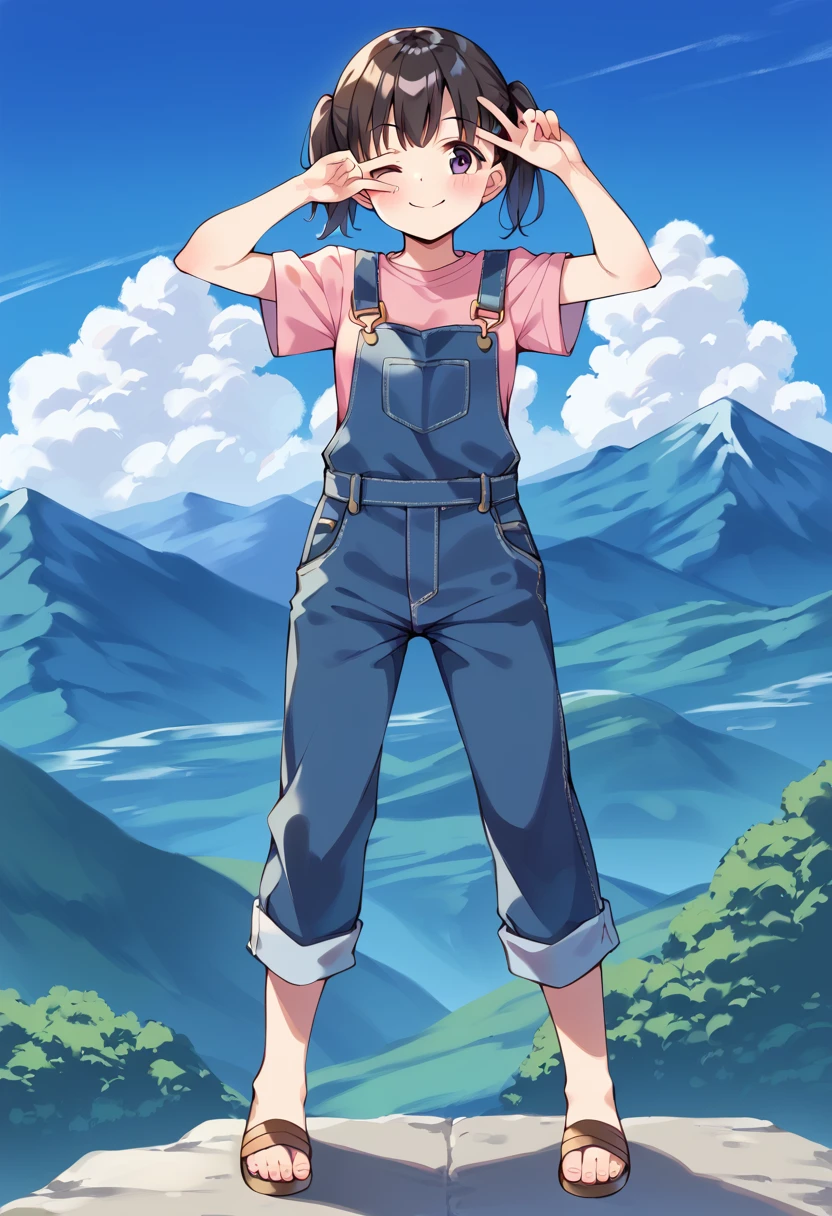score_9, score_8_up, score_7_up, best quality, masterpiece, source_anime BREAK
1girl, kuraue hinata, solo, 1girl, overalls, sandals, twintails, one eye closed, finger frame, pink shirt, cloud, standing, black hair, full body, smile, short sleeves, blush, looking at viewer, day, blue sky, closed mouth, short twintails, short hair, t-shirt, outdoors, purple eyes, arm up, pants rolled up, cloudy sky, blue overalls, eyebrows visible through hair, overall shorts, brown footwear, mountain, medium hair, v over eye, hands up, legs apart, suspenders, denim, black eyes <lora:kuraue_hinata_sdxl_locon_pony_v1:0.7>