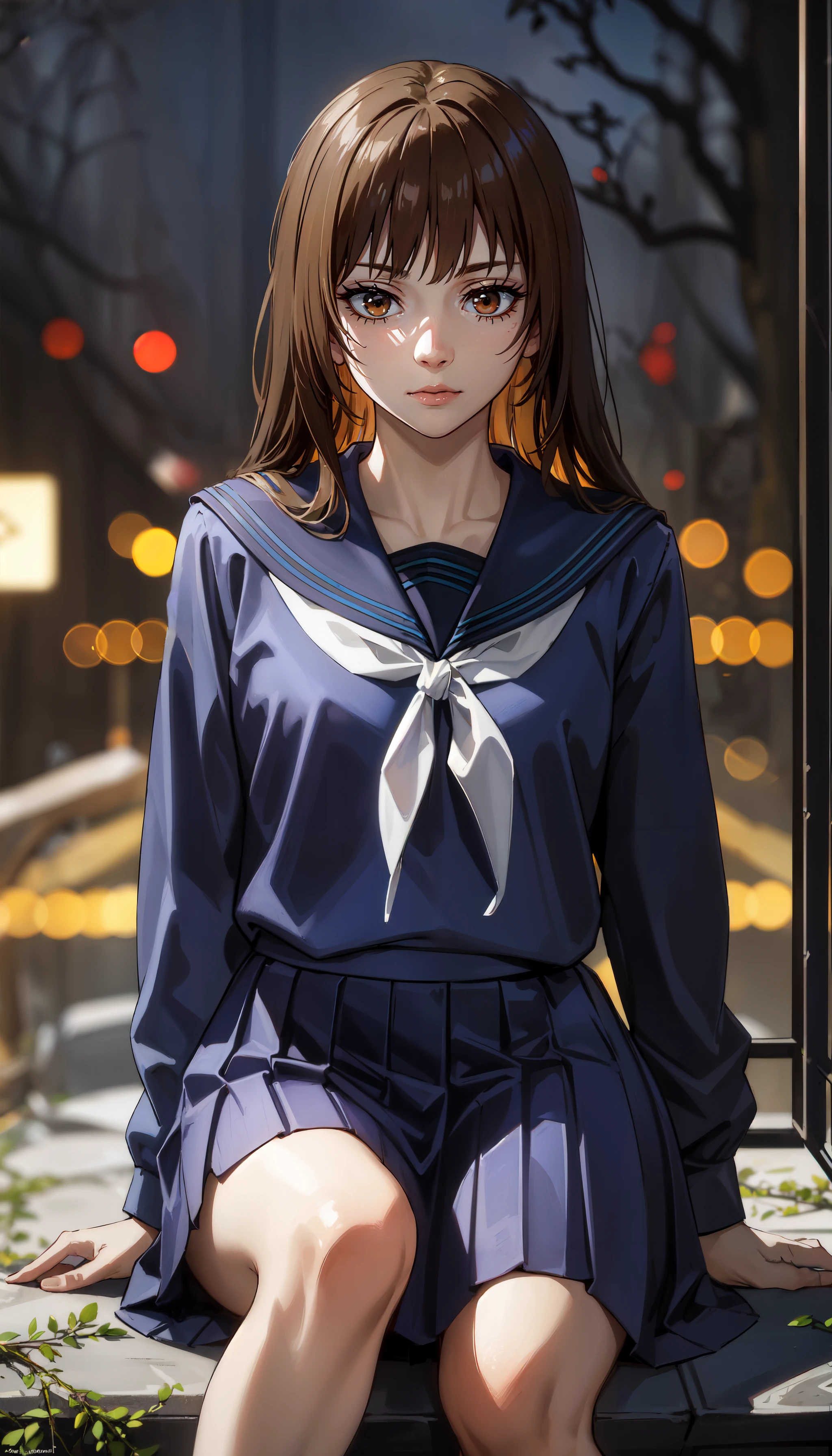 photorealistic, (4k), depth of field, (Masterpiece), (realistic skin texture), extremely detailed, intricate, hyper detailed, professional photography, bokeh, high resolution, sharp detail, best quality, girl, long hair, brown hair, bangs, brown eyes, blue school uniform, blue shirt, blue pleated skirt, <lora:GoodHands-vanilla:0.4>, <lora:detail_slider_v4:0.8> , dynamic pose, sitting parallel to the camera, hand on knee , <lora:Mimiko Hasaba-000004:0.8>, outdoors, night, night sky,