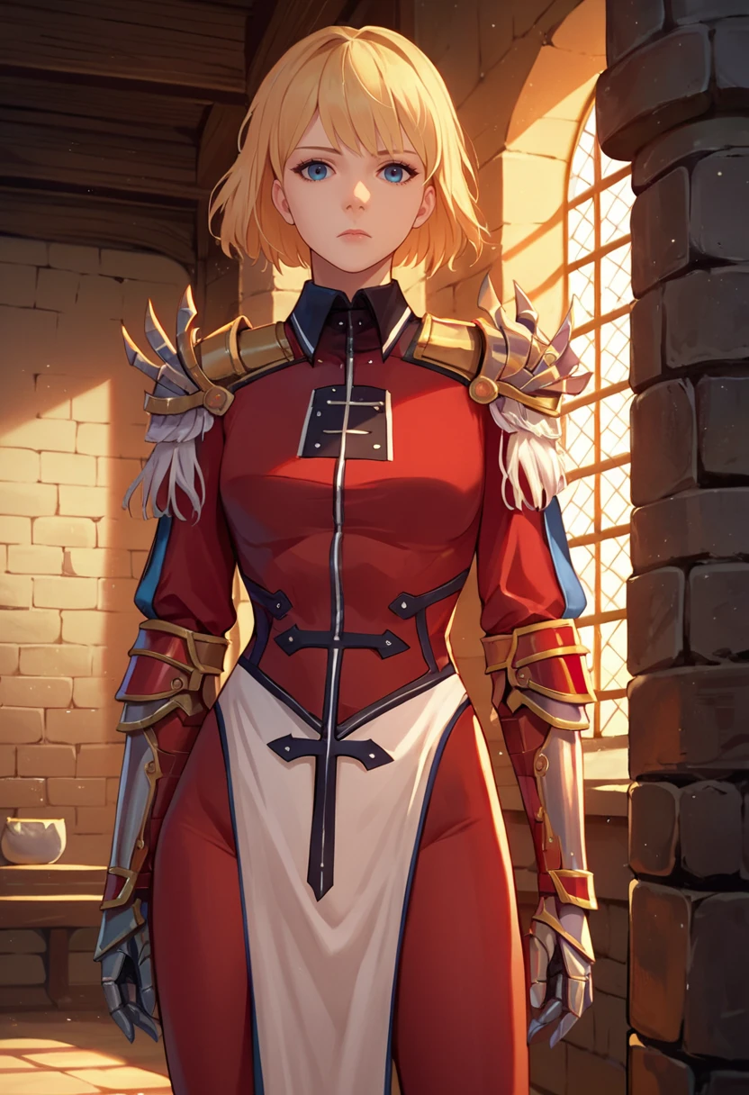 score_9, score_8_up, score_7_up, source_anime, solo, 1girl, cha hae-in, expressionless, looking at viewer, standing, red armor, black collar, shoulder armor, long sleeves, gauntlets, white pelvic curtain, red leggings, indoors, medieval, stone wall <lora:sololeveling_chahae-in_ponyXL:1>