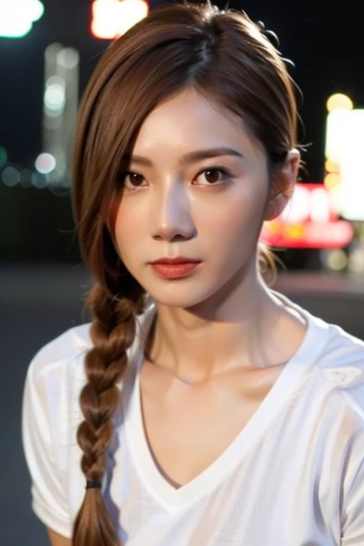 Best quality,masterpiece,ultra high res,(photorealistic:1.2),1girl,in the dark,deep shadow,low key,slim body,taipei street alley,dynamic pose,face closeup,cleavage,brown hair,Tight short-sleeved white T-shirt,small breasts,<lora:fafa_tsai:0.9>,twin braids,