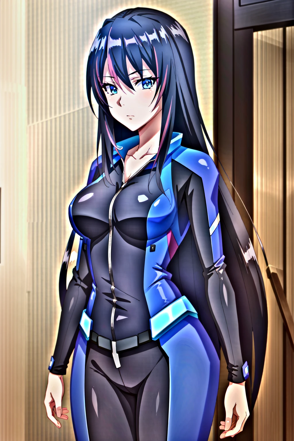 (extremely detailed CG unity 4k wallpaper),(masterpiece),(best quality),(ultra-detailed),(best illustration),(best shadow),(absurdres),(detailed background) <lora:OGT_Misa_Aoi-v1:0.8> Misa Aoi, 1girl, solo, long hair, black hair, blue eyes, bodysuit, collarbone, looking at viewer, hair between eyes, very long hair, medium breasts, breasts, simple background, standing, shiny, cowboy shot