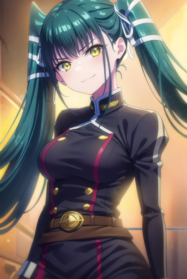 yachihoazuma, <lora:yachiho azuma s1-lora-nochekaiser:1>,
yachiho azuma, long hair, twintails, hair ribbon, aqua hair, (yellow eyes:1.3), smile, smirk,
BREAK thighhighs, gloves, jewelry, earrings, boots, shorts, belt, uniform, military, military uniform, thigh boots, epaulettes, black military uniform,
BREAK outdoors, space, starry sky, star \(sky\), moon,
BREAK looking at viewer, (cowboy shot:1.5),
BREAK <lyco:GoodHands-beta2:1>, (masterpiece:1.2), best quality, high resolution, unity 8k wallpaper, (illustration:0.8), (beautiful detailed eyes:1.6), extremely detailed face, perfect lighting, extremely detailed CG, (perfect hands, perfect anatomy),