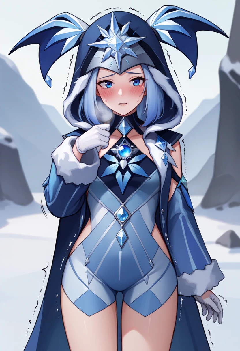 score_9, score_8_up, score_7_up, source_anime BREAK 1girl, solo, <lora:cryocicin-gi-richy-v1_pdxl:1> cryocicin, blue hair, blue eyes, blush, embarrassed, shy, hood, hooded cloak, blue dress, halterneck, fur trim, long sleeves, white gloves, diamond \(gemstone\), parted lips, looking at viewer, tundra, outdoors, fantasy, cold, trembling, twitching, snow, ice, standing, thighs