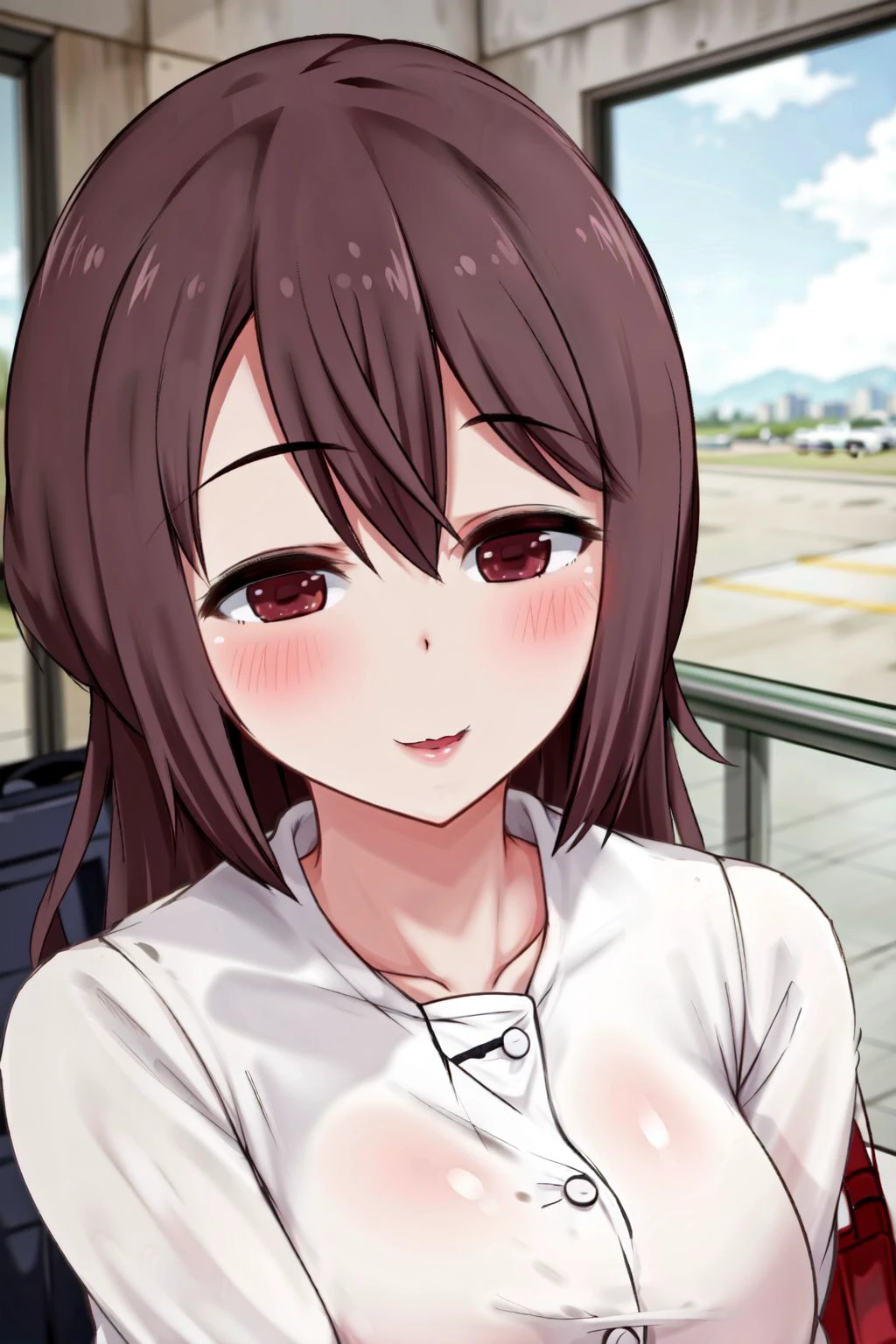 Hikari, solo, 1girl, smile, parted lips, blush, beautiful detailed face, blurry foreground, airport <lora:Summer-winter-memories_AllGirls_cha_v01-000005:0.6>