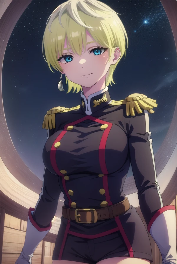 tenkaizumo, <lora:tenka izumo s1-lora-nochekaiser:1>,
tenka izumo, short hair, blue eyes, blonde hair, smile,
BREAK thighhighs, gloves, jewelry, earrings, boots, shorts, belt, uniform, military, military uniform, thigh boots, epaulettes,
BREAK outdoors, space, starry sky, star \(sky\), moon,
BREAK looking at viewer, (cowboy shot:1.5),
BREAK <lyco:GoodHands-beta2:1>, (masterpiece:1.2), best quality, high resolution, unity 8k wallpaper, (illustration:0.8), (beautiful detailed eyes:1.6), extremely detailed face, perfect lighting, extremely detailed CG, (perfect hands, perfect anatomy),