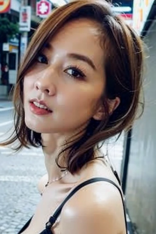 Best quality,masterpiece,ultra high res,(photorealistic:1.2),1girl,in the dark,deep shadow,low key,slim body,undone hair,taipei street alley,dynamic pose,face closeup,(cleavage:0.8),medium breasts,<lora:yuxinuna:1>,