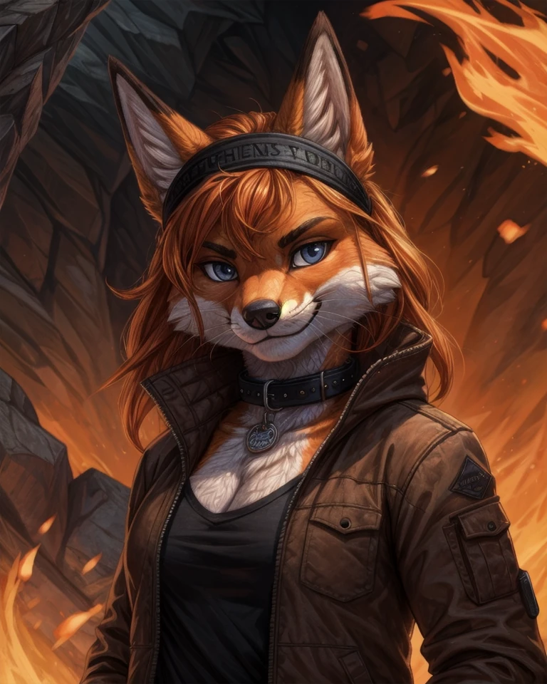 (detailed fire background)1.1, anthro furry female fox, orange hair, enface portrait, small, looking at viewer, intimidating, smirk, black headband, collar, jacket, highly detailed, absurdres, cinematic lighting, soft, fluffy, by adam wan, by Roanoak, by The Secret Cave, <lora:detail:0.4>, <lora:detail:0.4>