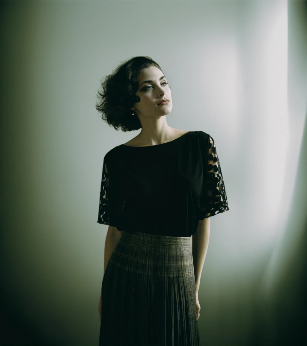 standing, indoors, skirt and blouse, elegant dancing in a spotlight, ambient light, beautiful,
<lora:Au4r3yH:0.75>, ((Au4r3yH)) woman, short curly brown hair, grey green eyes,
analog film photo, simple foggy background, looking at the viewer, stern, 1girl, solo,