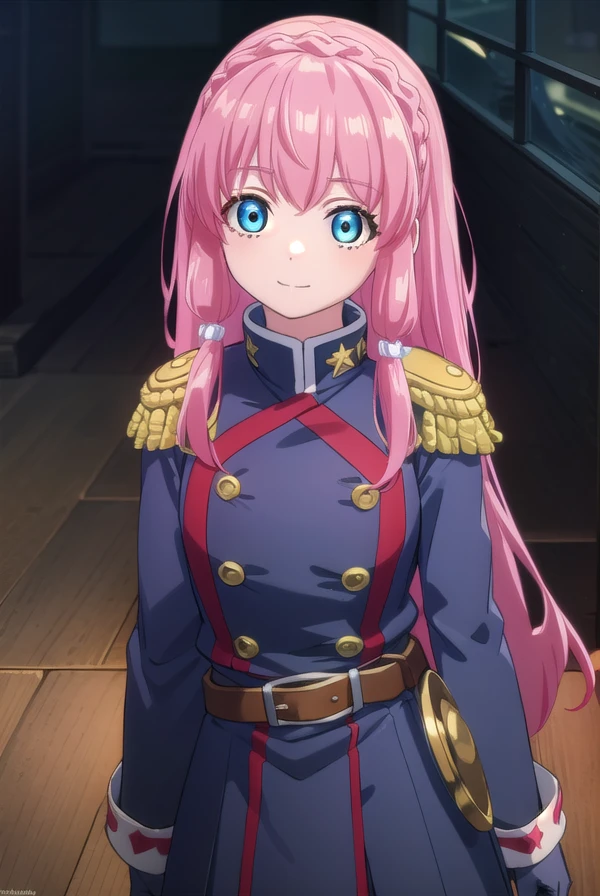 neiookawamura, <lora:nei ookawamura s1-lora-nochekaiser:1>,
nei ookawamura, long hair, blue eyes, hair ornament, pink hair, braid, smile,
BREAK gloves, boots, belt, skirt, uniform, military, military uniform, epaulettes,
BREAK outdoors, space, starry sky, star \(sky\), moon,
BREAK looking at viewer, (cowboy shot:1.5),
BREAK <lyco:GoodHands-beta2:1>, (masterpiece:1.2), best quality, high resolution, unity 8k wallpaper, (illustration:0.8), (beautiful detailed eyes:1.6), extremely detailed face, perfect lighting, extremely detailed CG, (perfect hands, perfect anatomy),