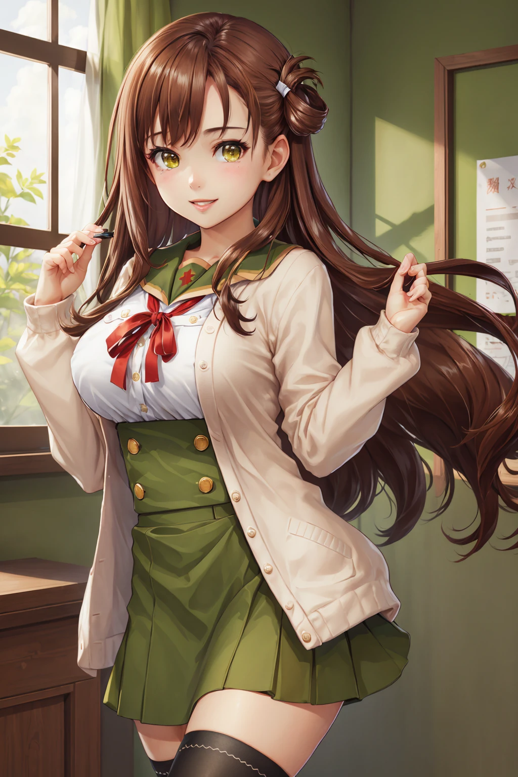 (masterpiece, best quality:1.2), full body, 1girl, solo, yuri_wakasa, <lora:wakasayuri7:0.8>, smile, laugh, brown hair, green eyes, tareme, long hair, hair ornament, cardigan, (large breasts:1.2), black thighhighs, (looking at viewer:1.1), school