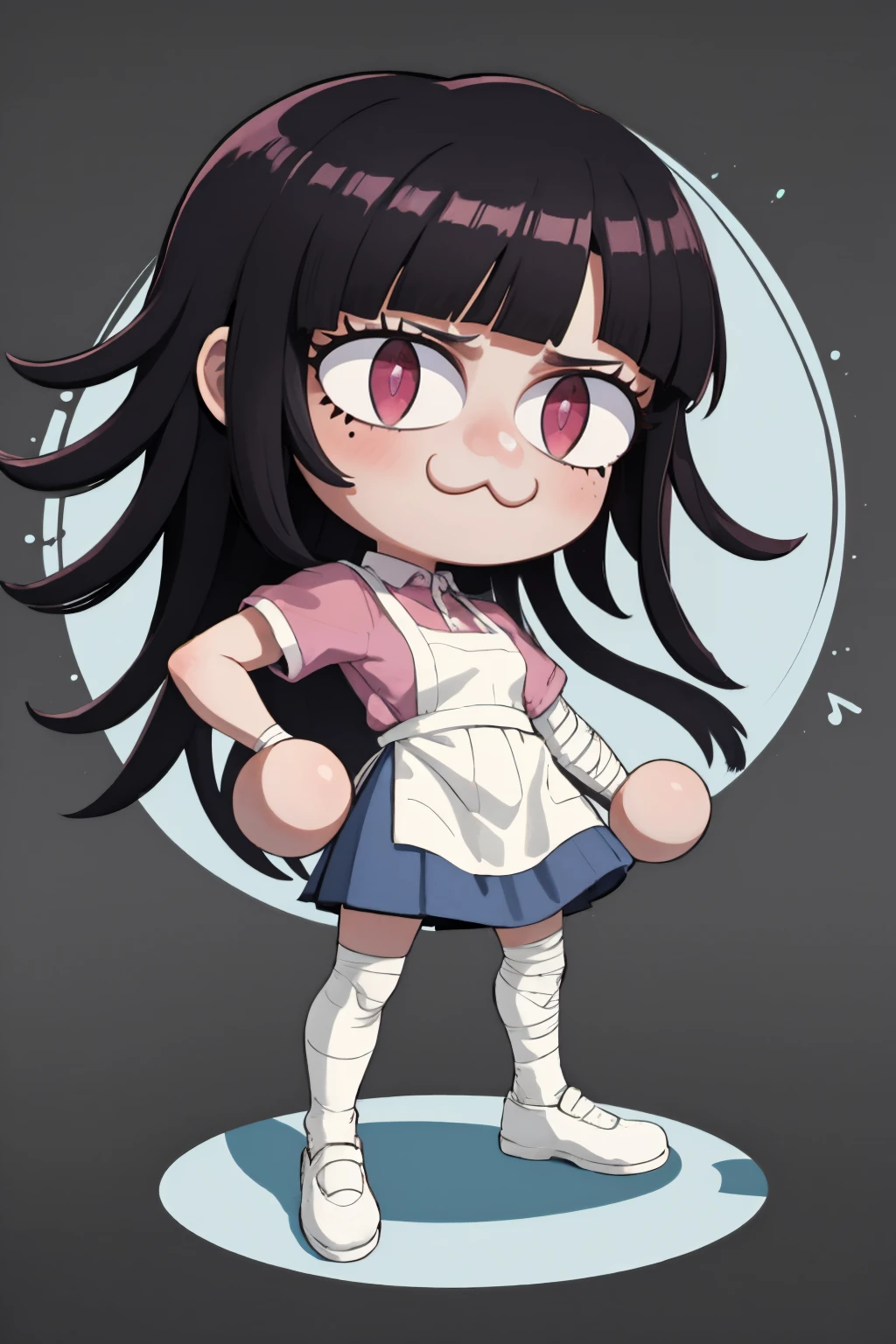 (masterpiece, best quality:1.2), chibi, solo, 1girl, necoarc, tsumiki mikan, :3, mole under eye, black hair, slit pupils, pink shirt, puffy short sleeves, white apron, blue skirt, bandaged leg, bandaged arm <lora:necoarc:1> <lora:danganronpa2_tsumiki:0.8>