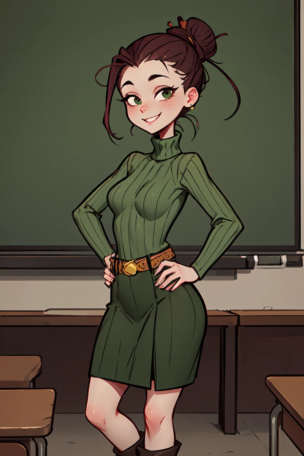 <lora:AgnesJohnson(2.0):0.6> agnesj, 1girl, turtleneck, pencil in hair, solo, hair bun, single hair bun, green sweater, belt, smile, green skirt,black eyes, brown footwear,looking at viewer, hand on hip, classroom,