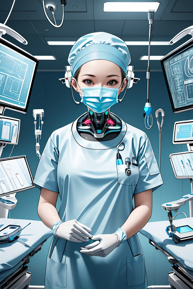 (RAW photo, best quality), 1girl, operating room, overhead surgical light, dslr, blurred background, focused,
 <lora:cyber_surg_v1.0-000006:0.8> cybr_surg, 1girl, solo, latex gloves, surgical mask,cybernetic outfit,