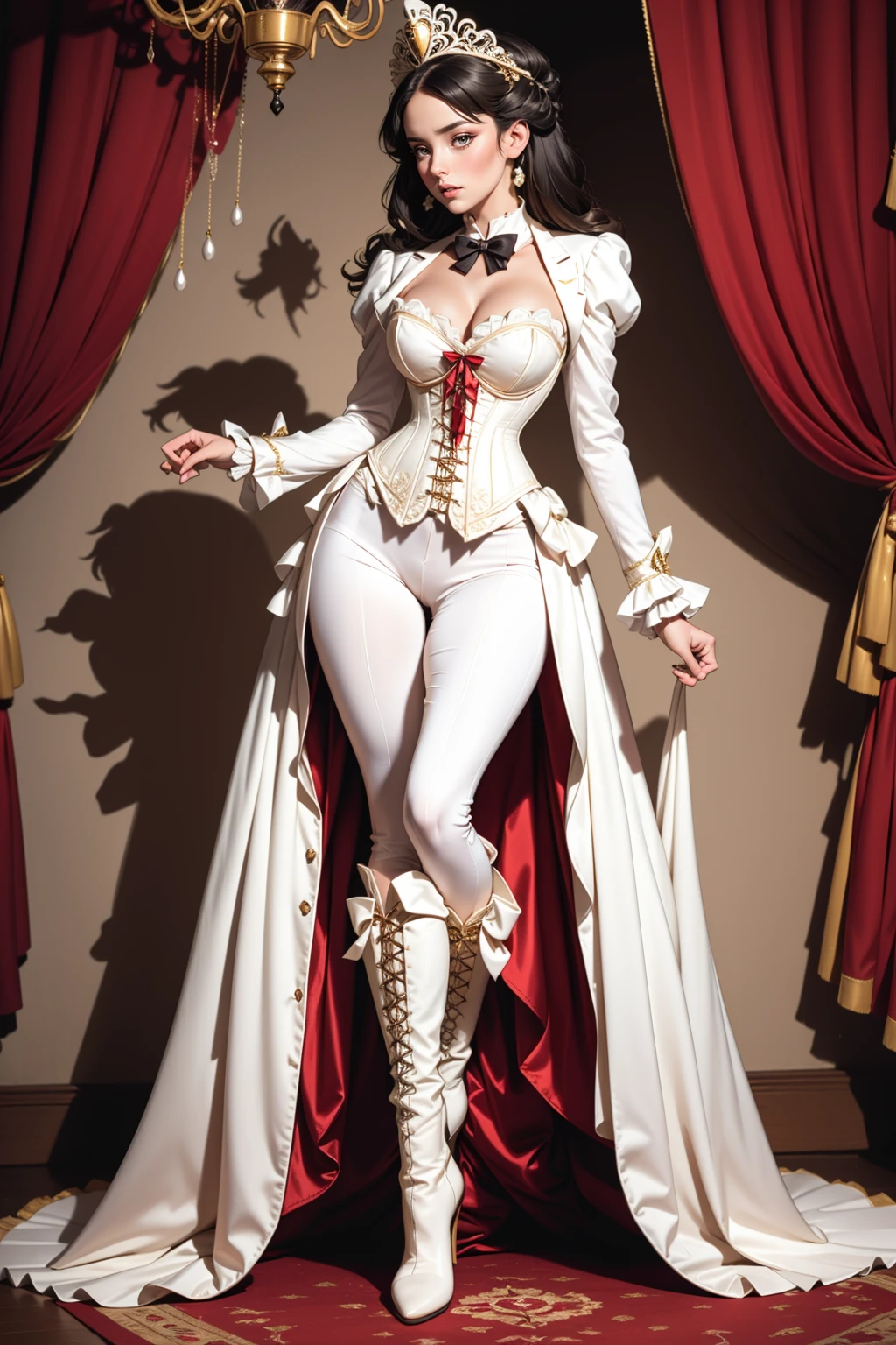 adult beautiful woman, high quality, best quality, highres, high detail, wide angle shot,bokeh, <lora:Outfit_soph-VictorianRidingDressRoyal:0.8> r1d3r victorian fashion, (Serene Pearl White theme) jacket, pants, trim, white cuffs, (ornate headpiece) frills, corset, stand up collar, sunset, bokeh, large breasts, cleavage, bowtie, Cozy Florentine Wine Cellar with flickering candlelight illuminating rustic stone walls, creating an intimate atmosphere for savoring fine wine and conversation. (grand hall background) tapestries high heel boots, contrapposto