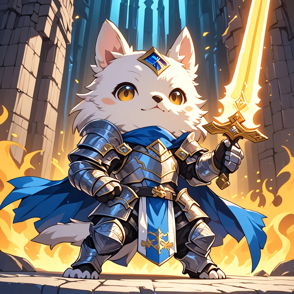 a super cute dog chibi knight, wearing armor, wielding glowing sword, helmet, fantasy wind temple in background, HD, masterpiece, best quality, hyper detailed, ultra detailed, super realistic
