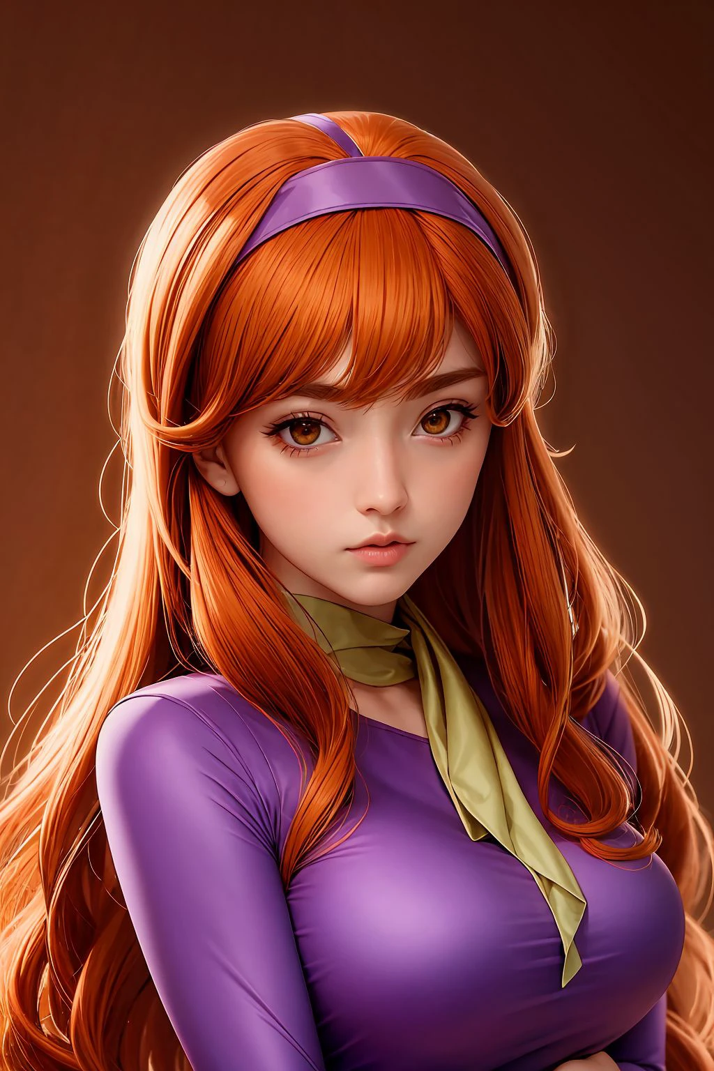 woman, orange hair, dark brown eyes, <lora:Daphne Blake Cosplay_v1:1> daphne blake cosplay, upper body