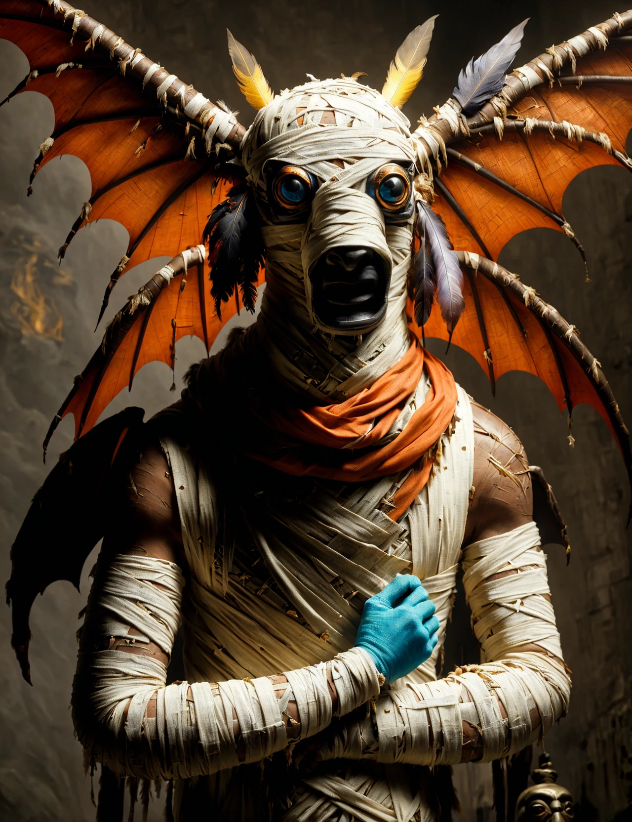 masterpiece, awesome quality, hyper detailed, DonMM00mm13s bandages, wrapped, kachina, cryptid creature, humanoid, large bat wings, glowing red eyes, feather covered body, dark colors, tall imposing stature, foretelling disaster, organized,biomorphic , <lora:DonMM00mm13s-000006:0.9>