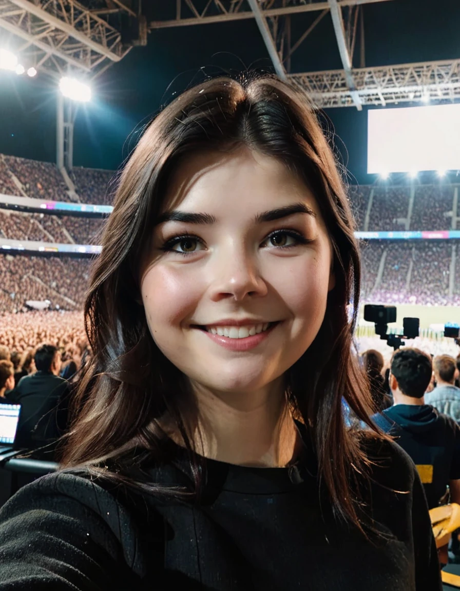 elisetrouw woman <lora:elise_sdxl_v1-000007merged9_3_7:1.0>
selfie smiling in front of music show, stadium crowd, dark arena, spotlights