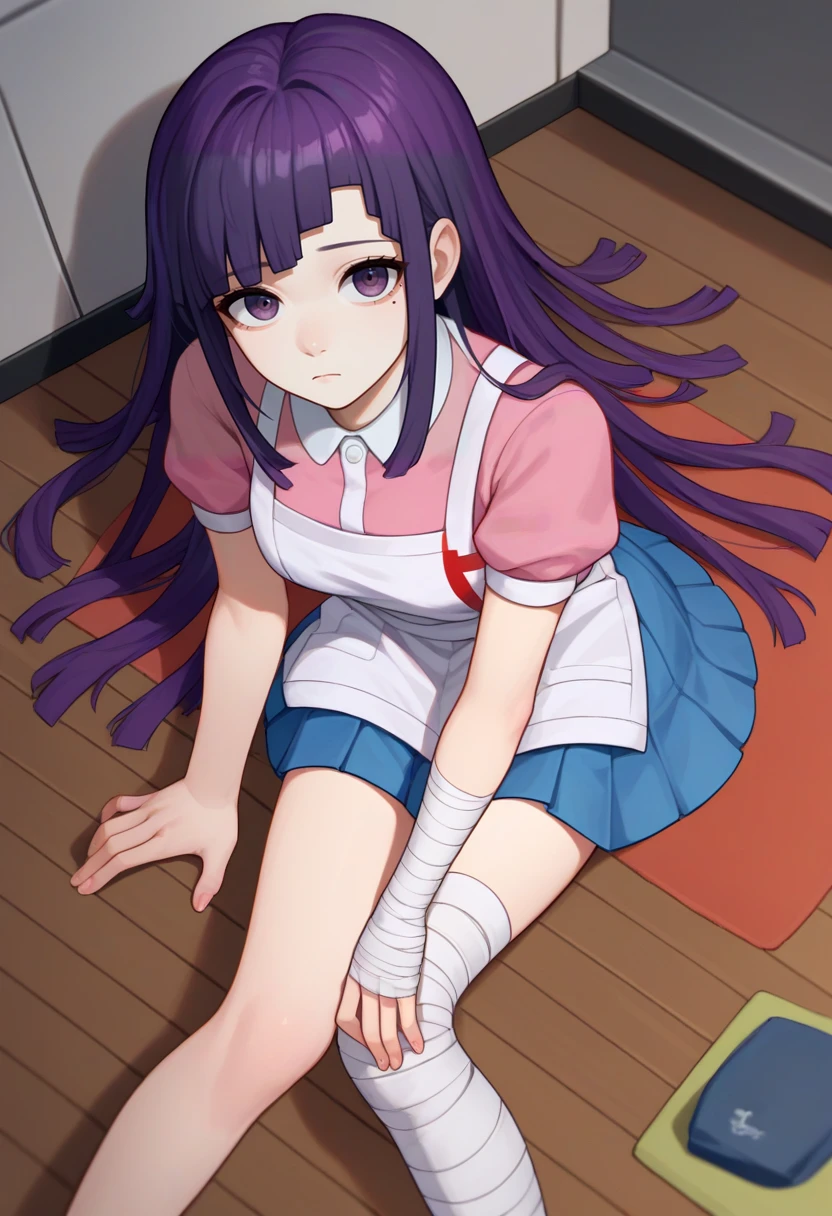 score_9, score_8_up, score_7_up, source_anime, from above, solo, 1girl, tsumiki mikan, expressionless, looking at viewer, wariza, on ground, mole under eye, purple hair, pink shirt, puffy short sleeves, white apron, blue skirt, bandaged leg, bandaged arm, indoors <lora:danganronpa2_tsumiki_ponyXL:1>