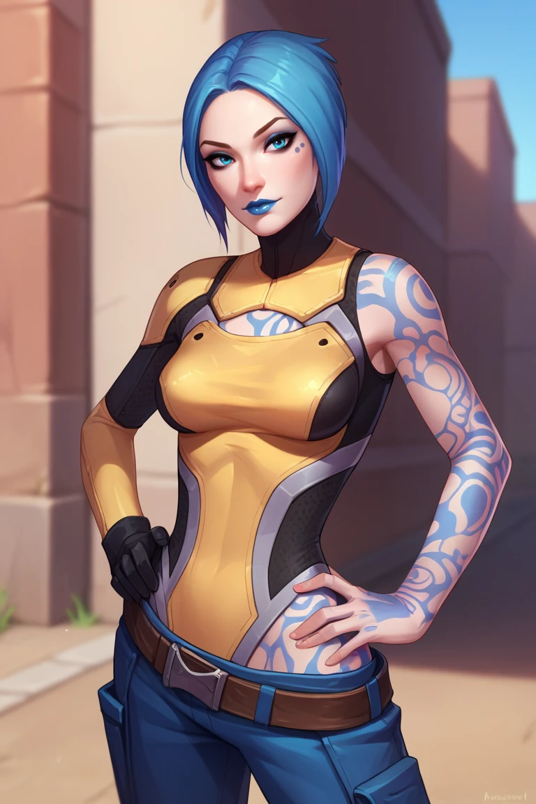 score_9, score_8_up, score_7_up, BREAK , 1girl, solo, looking at viewer, breasts, <lora:mayabl2-guy-v1PONYXL:.95>, mayabl2, tattoo, makeup, blue lips, gloves, bodysuit, belt, pants, contrapposto, outdoors, hand on own hip,
