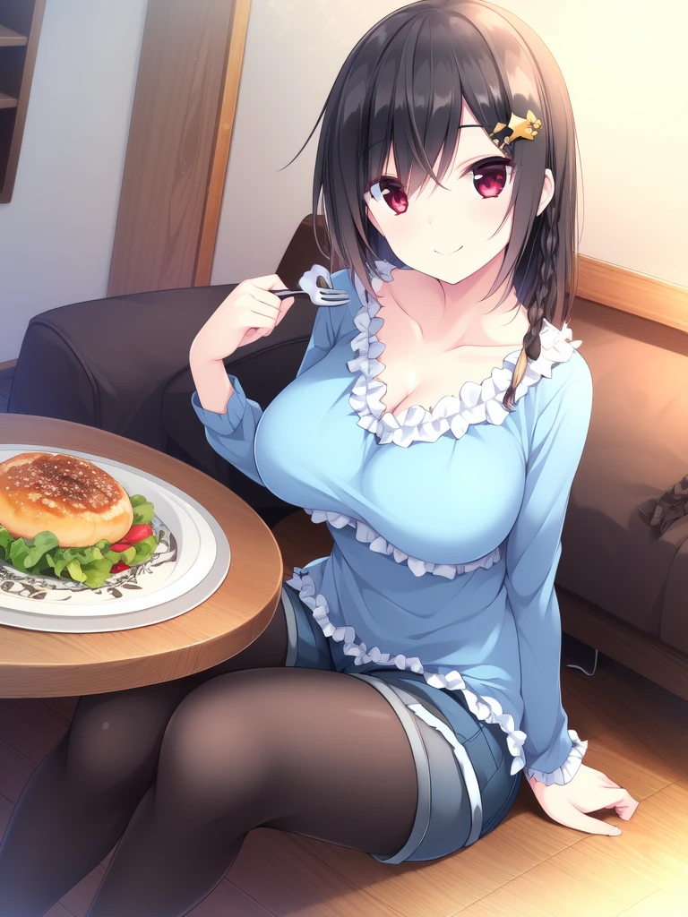 8k, masterpiece, detailed image, extreme detail, expressive hair, expressive background, mature, adult, black short hair, red eyes, sharp eyes, serious expression, MILF, sexy, hot, large breasts, large nipples, exposed breasts, necktie, stockings, eyeglasses, crotch exposed, exposed vagina, open vagina, pink vagina, earrings nude, smug, laughing, temptress, nude, no underwear, facing front, sitting, legs spread open, maid outfit, micro skirt, night time, dim light, manor, lunchtime, feast, table, many foods, dinning
