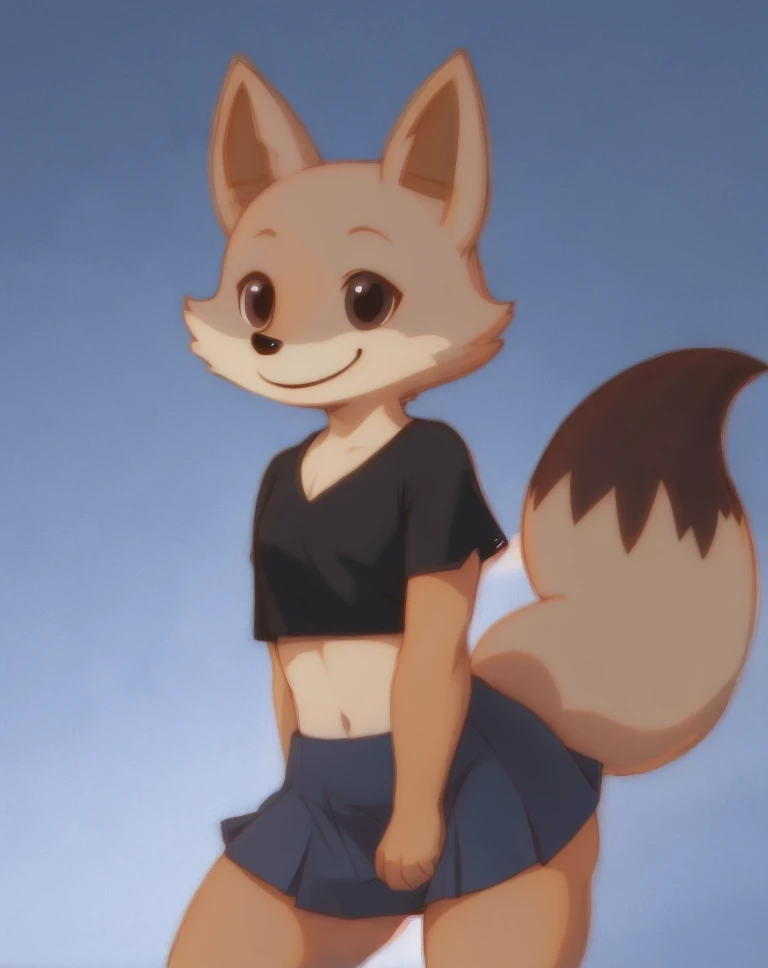 , smile , skirt , black top, 1 fox , ffx tail <lora:facefox-000004:0.8> ,