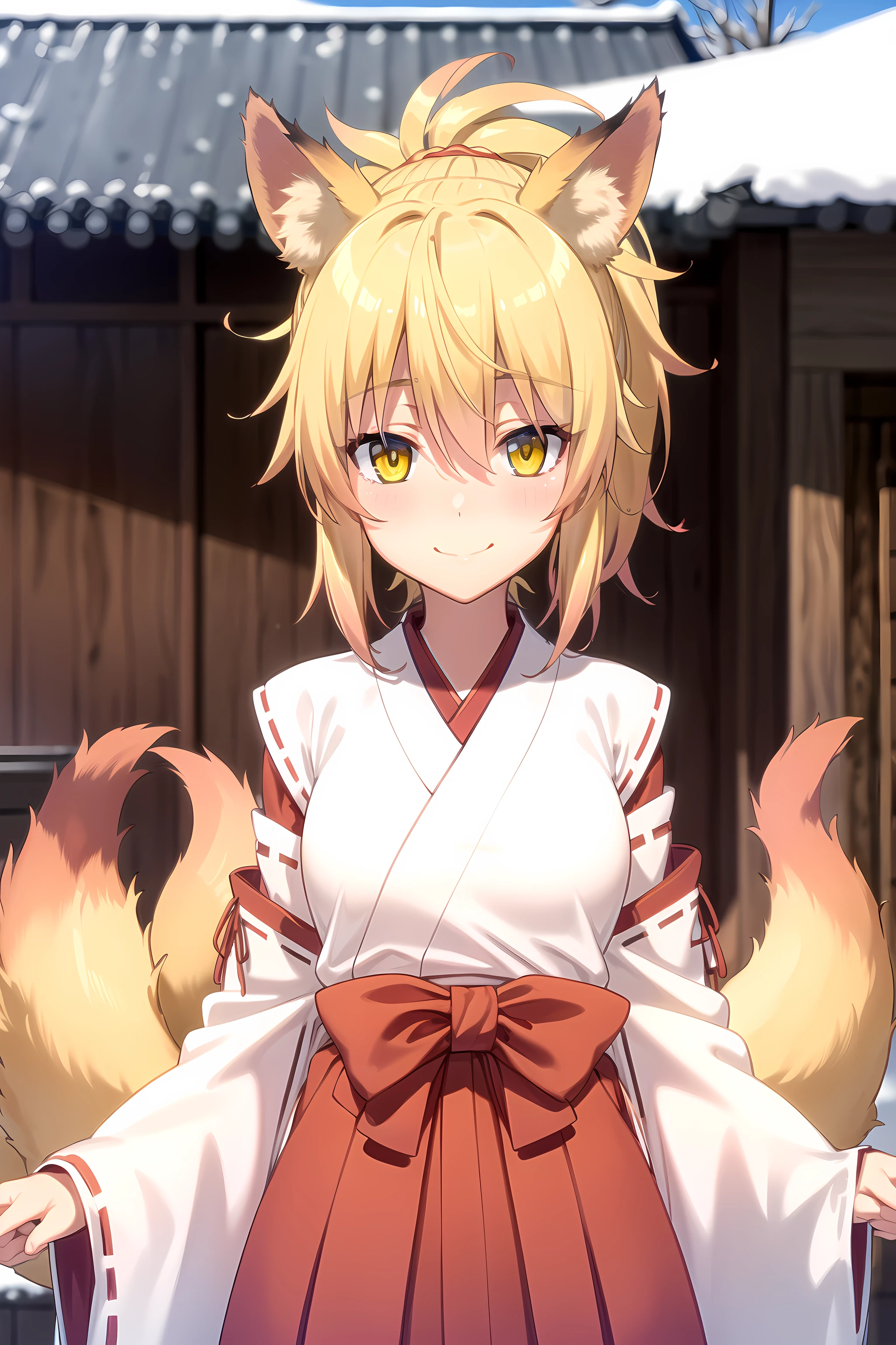 best quality, masterpiece, detailed,
<lora:HighSchoolDxD_Kunou:0.9>, Kunou,
1girl, closed mouth, smile, blush,
blonde hair, ponytail, yellow eyes, fox ears, fox tail, multiple tails,
miko, kimono, (red hakama:1.2),
standing, looking at viewer, arms at sides, upper body,
snow, shrine, pagoda