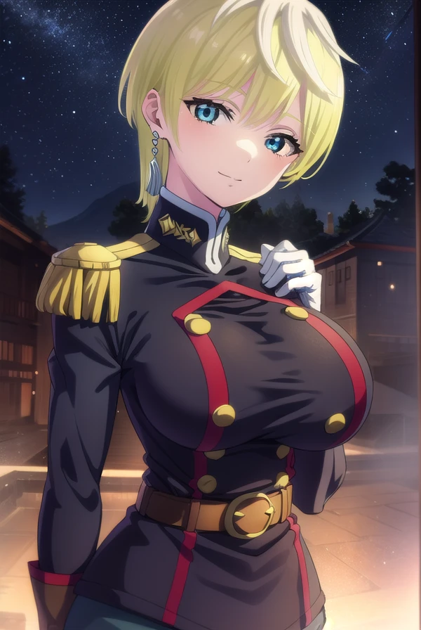 open mouth, masterpiece, highres, (solo), 8k, detailed, perfect face, best quality, (ultra high quality), looking viewers, armpit, hands up, (bare arms), big breast, yellow hair, light hair, short hair, blue eyes, military uniform, slim body, blush, upper body, at night, perfect hands 